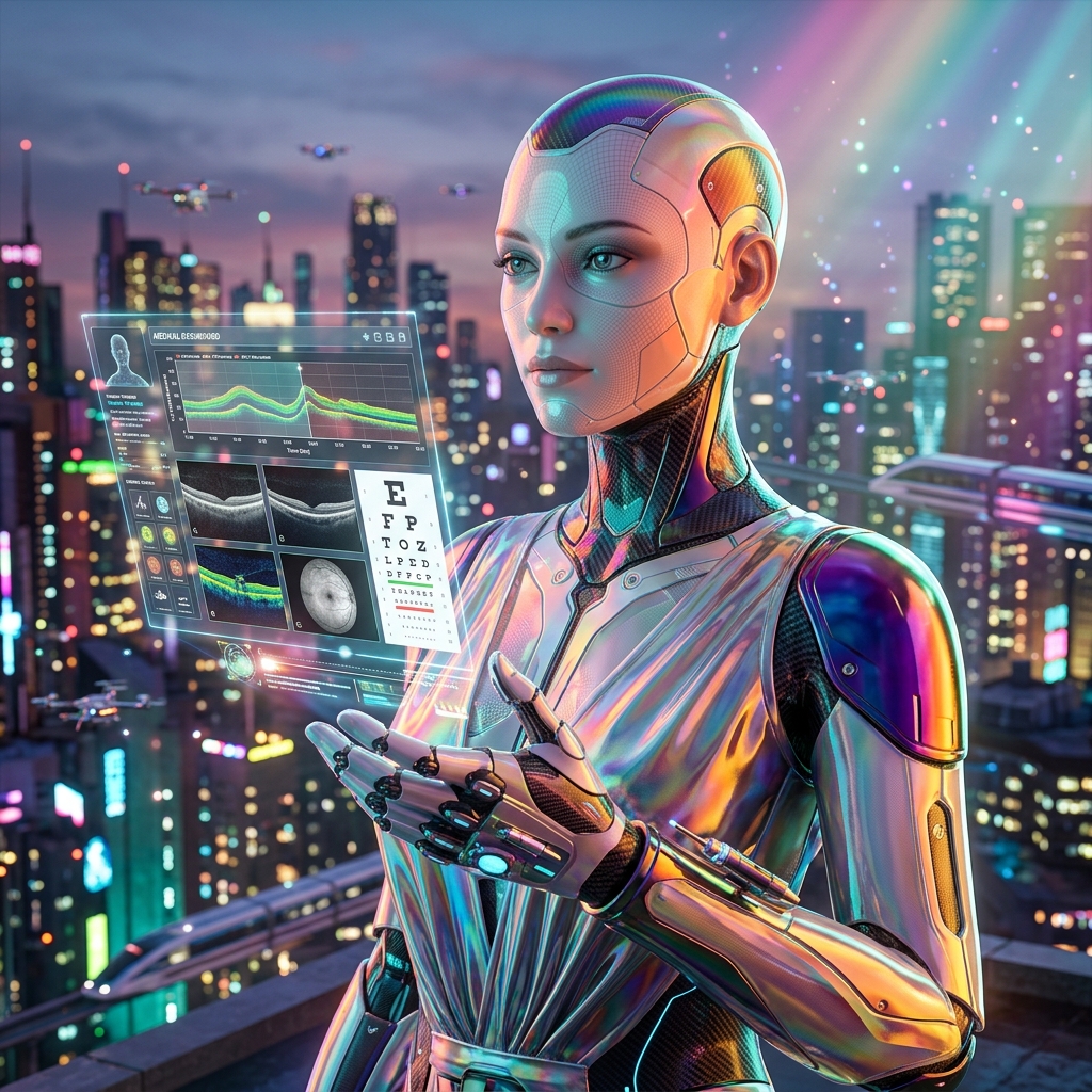 Retina Follow-up Manager | Vistafix Clinical Suite — Medical Records category hero — elegant fashion-forward android in flowing reflective couture fabric, editorial pose in rooftop overlooking a neon megacity skyline at dusk, drones flying in the distance