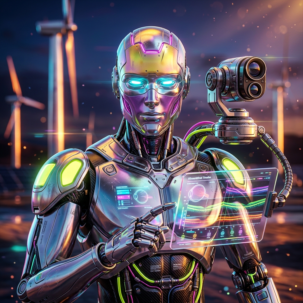 Retina Follow‑up Manager — VitreoView Atlas — Medical Services category hero — hyper-detailed humanoid robot with glossy plating and glowing visor eyes, striking a confident hero pose in the center of the frame in desert solar farm at magic hour with reflective sand and towering chrome pylons