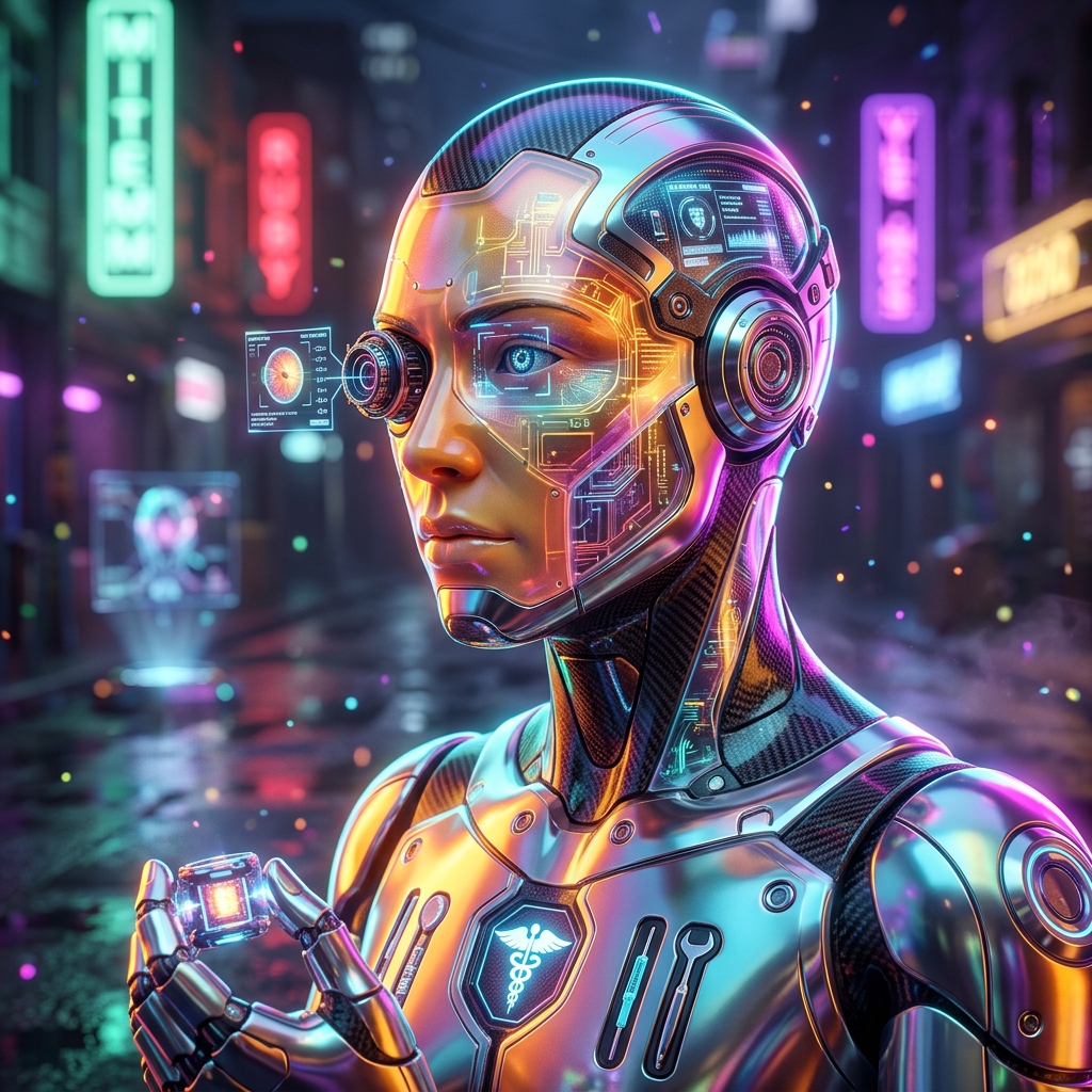 RetinaFlow Command — Retina Follow-up Manager — Medical Services category hero — cinematic cyborg character seen in three-quarter profile, exposed circuitry glowing beneath translucent skin, intense neon rim light in neon-lit cyberpunk street at night, wet pavement reflections, hovering holograms in the background