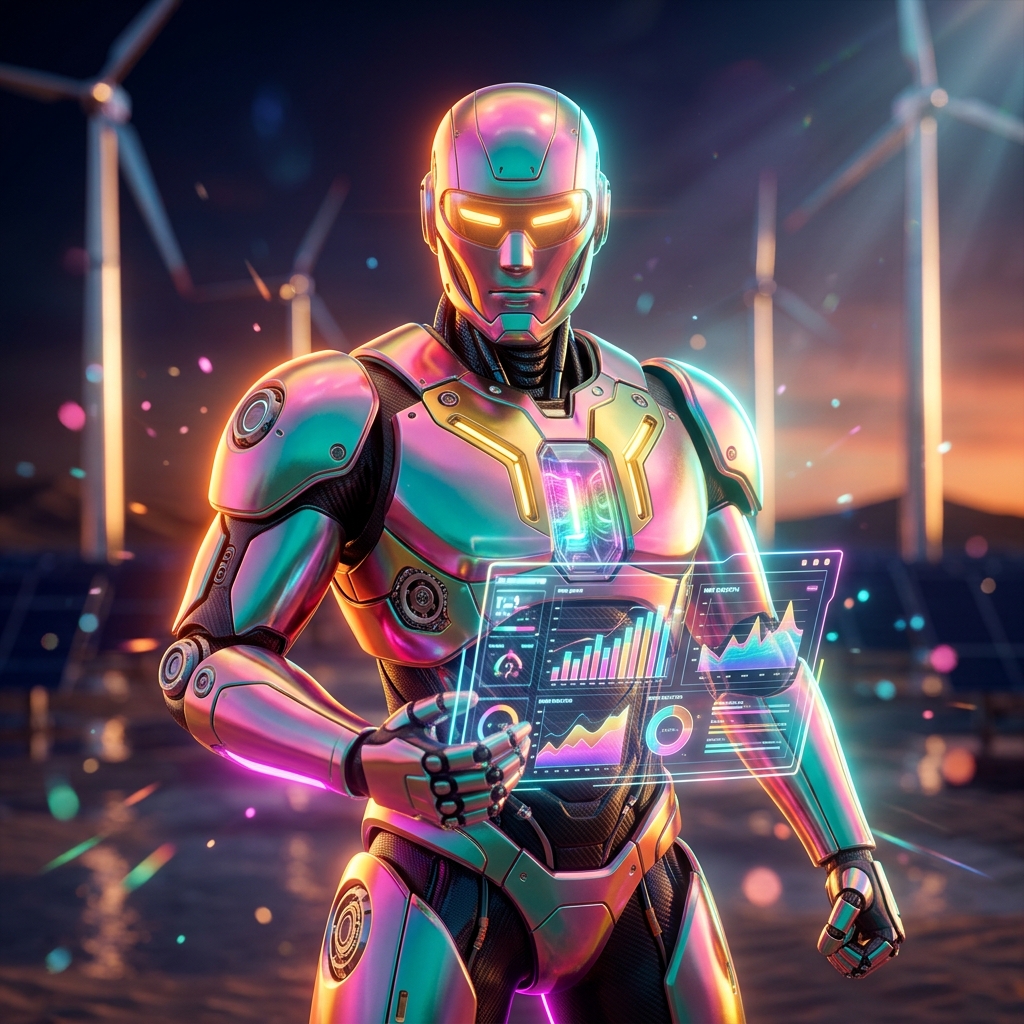 RevenuePilot — Subscription Billing Command — Finance & Fintech category hero — hyper-detailed humanoid robot with glossy plating and glowing visor eyes, striking a confident hero pose in the center of the frame in desert solar farm at magic hour with reflective sand and towering chrome pylons