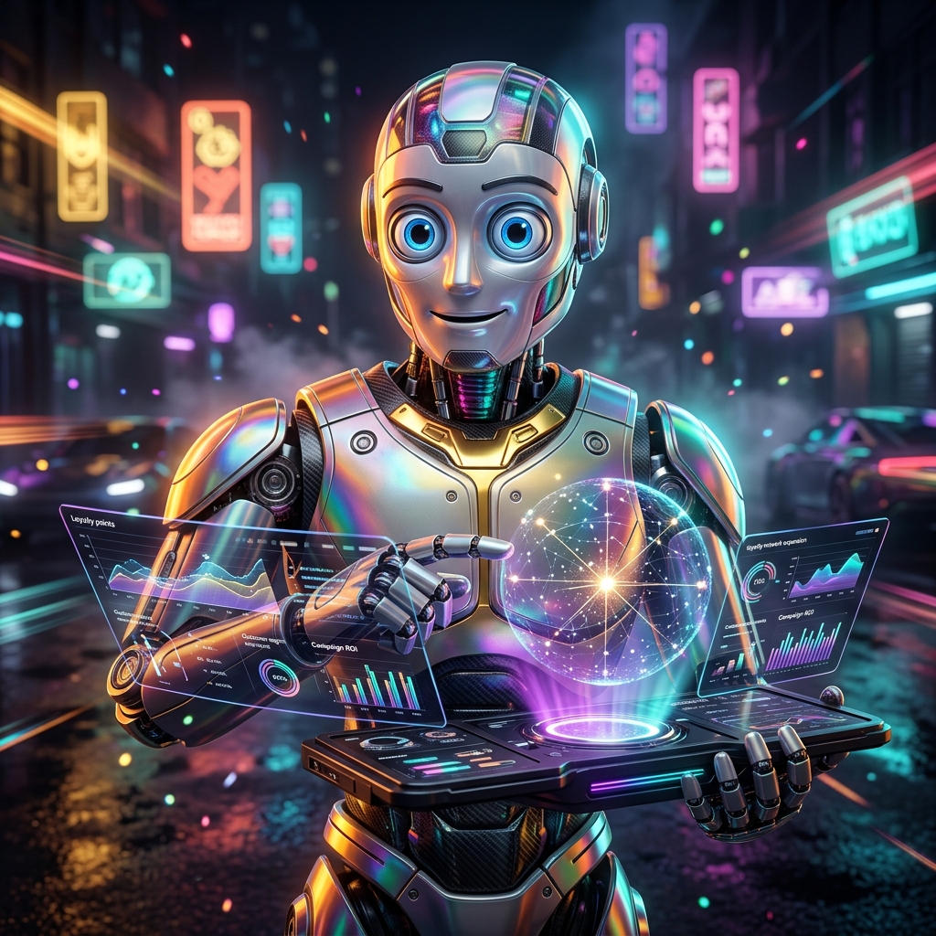 RewardPilot Command | Loyalty & Rewards War Room — Business Management category hero — friendly Pixar-quality mascot robot with big expressive optical eyes, holding an object that represents the category in neon-lit cyberpunk street at night, wet pavement reflections, hovering holograms in the background