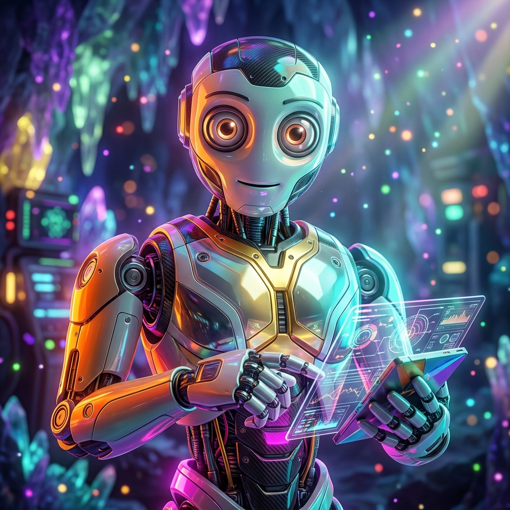 RiskLedger Command — Incident & Risk Case Command Center — Business Management category hero — friendly Pixar-quality mascot robot with big expressive optical eyes, holding an object that represents the category in crystalline ice cavern lit by bioluminescent tech installations