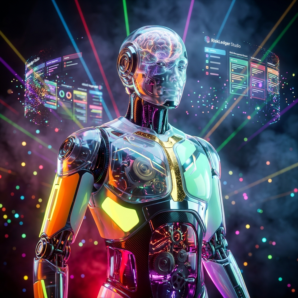 RiskLedger Studio — Incident & Risk Production Suite — Business Management category hero — translucent glass humanoid figure with a glowing neural-network brain visible inside its head in underground rave-like data cathedral with laser beams cutting through smoke