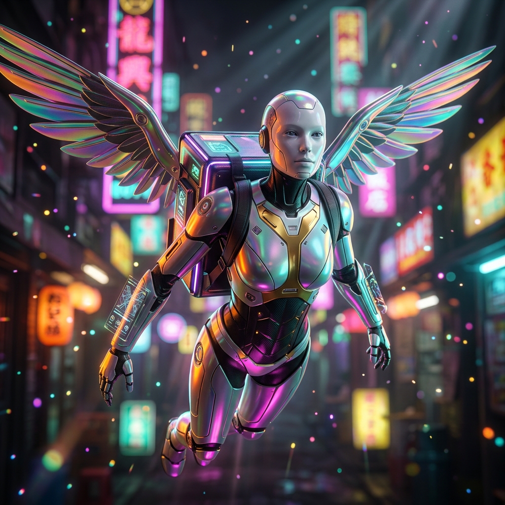 RoamCraft Command — Tour Operator War Room — Travel category hero — courier-style android with iridescent wings unfurled, mid-flight silhouette against the environment in Blade-Runner-style noodle-shop alley with dense neon signage in the background