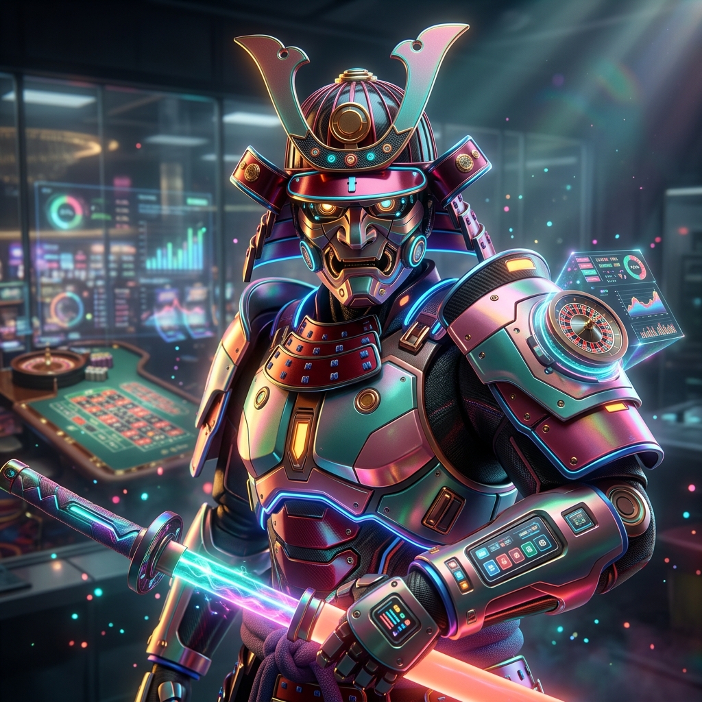 RouletteOps — Casino Floor Command — Casino category hero — majestic samurai-styled mech in lacquered armor with neon under-glow, katana of light in hand in sleek high-tech laboratory with glass walls, floating data panels and particle light
