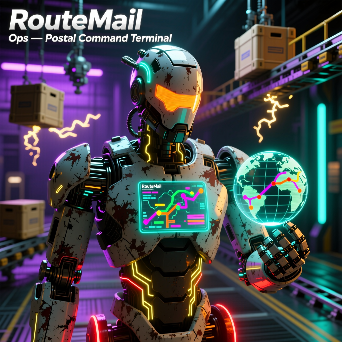 RouteMail Ops — Postal Command Terminal — Digital Maps category hero — war-worn but heroic mech pilot robot with painted panels, weathered detail, cinematic hero lighting in magnetic-levitation factory floor with sparking arcs of electricity and machinery