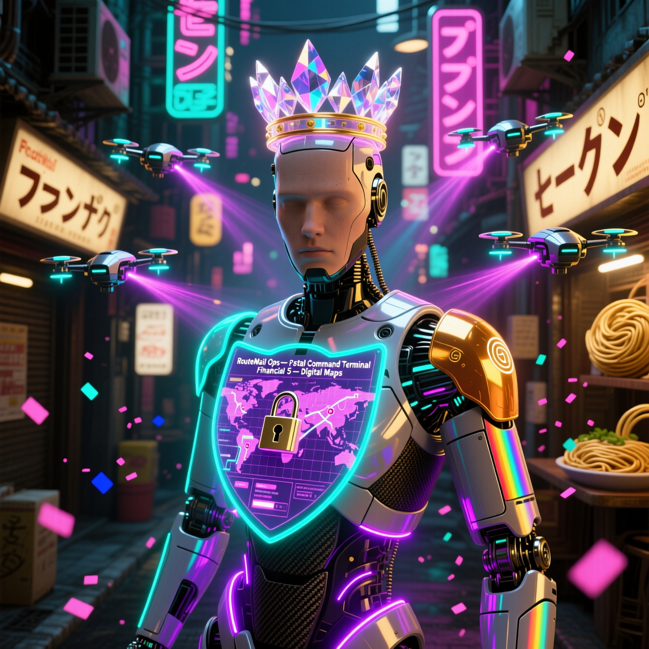 RouteMail Ops — Postal Command Terminal Financial 5 — Digital Maps category hero — glowing digital shield / padlock / crown / crystal object at the frame center, protected by hovering tech drones in Blade-Runner-style noodle-shop alley with dense neon signage in the background