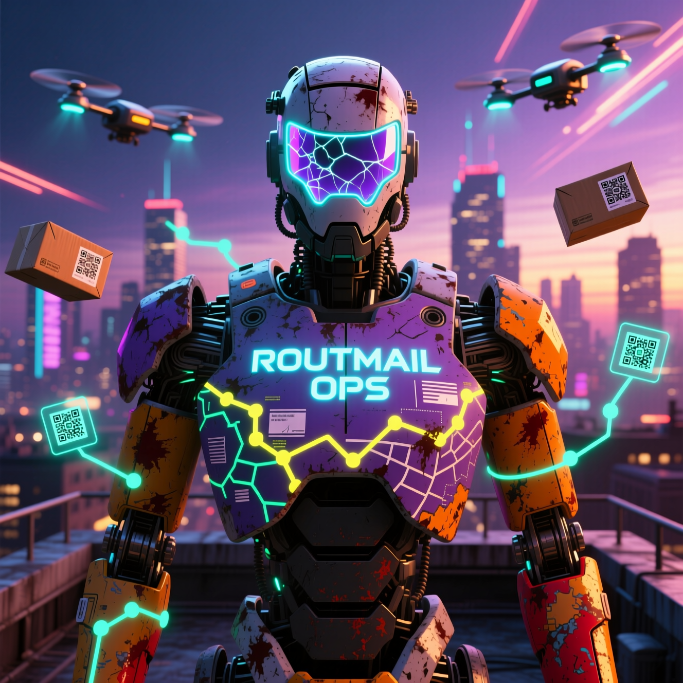 RouteMail Ops — Postal Delivery Command Suite — Digital Maps category hero — war-worn but heroic mech pilot robot with painted panels, weathered detail, cinematic hero lighting in rooftop overlooking a neon megacity skyline at dusk, drones flying in the distance