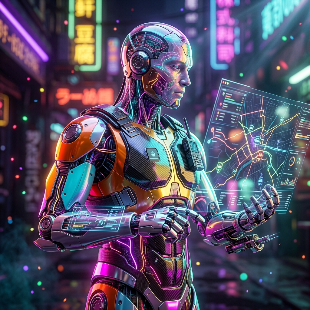 RoutePilot Command — Fleet & Vehicle Management OS — Shipping & Logistics category hero — cinematic cyborg character seen in three-quarter profile, exposed circuitry glowing beneath translucent skin, intense neon rim light in Blade-Runner-style noodle-shop alley with dense neon signage in the background