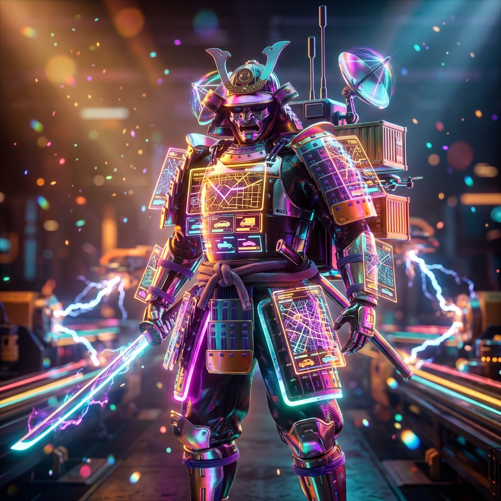 RoutePilot — Last-Mile Delivery Command Center — Delivery category hero — majestic samurai-styled mech in lacquered armor with neon under-glow, katana of light in hand in magnetic-levitation factory floor with sparking arcs of electricity and machinery
