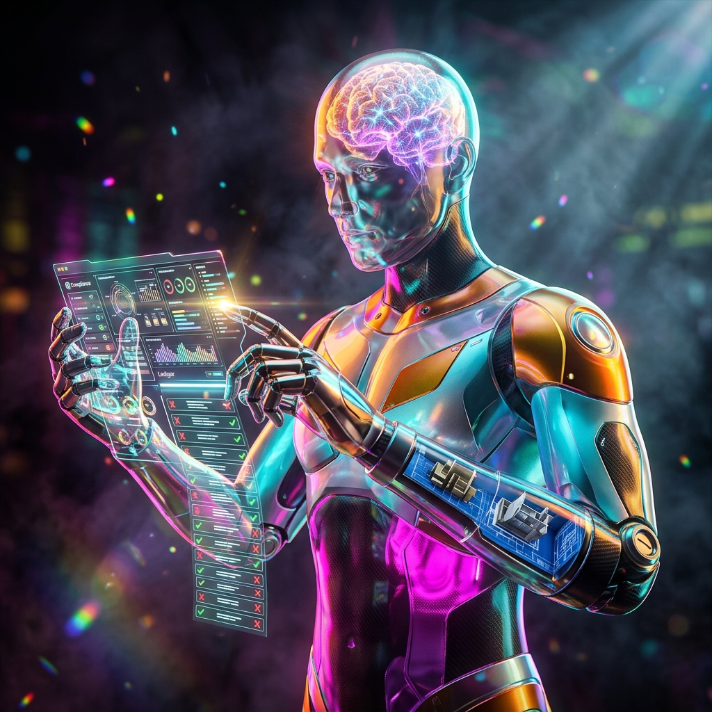 RuleVault · Compliance Intelligence Ledger — 3D Modeling category hero — translucent glass humanoid figure with a glowing neural-network brain visible inside its head in underground rave-like data cathedral with laser beams cutting through smoke