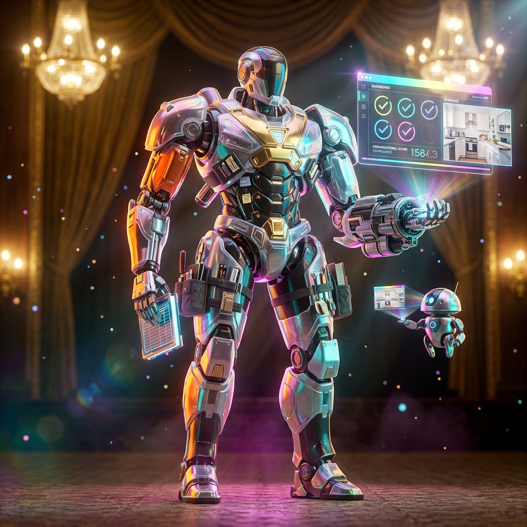 RuleVault – Home Organization & Daily Planning Compliance Ledger — Home Organization & Daily Planning category hero — duo of contrasting robots — one large hero mech and a small companion droid — composed cinematically in golden-lit theater interior with heavy velvet curtains and cinematic chandeliers