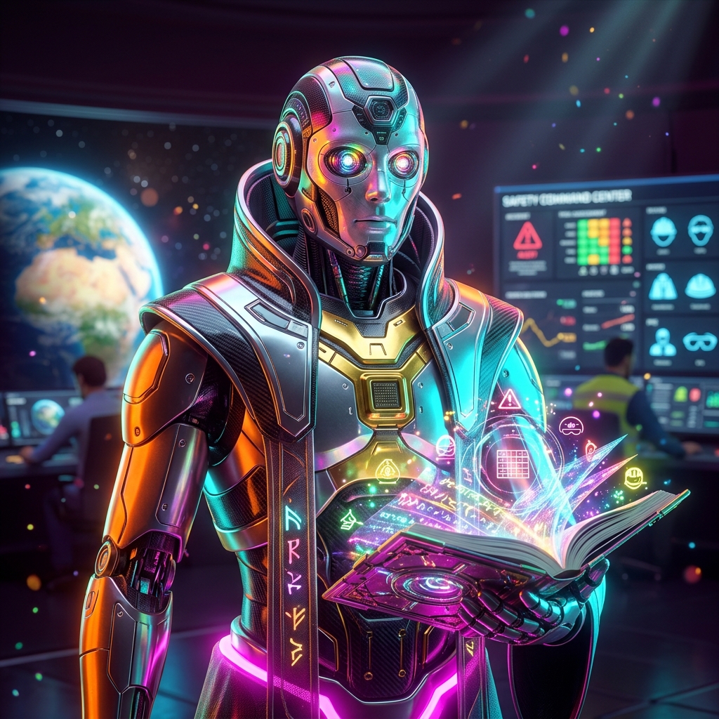 Safeguard Ops — Occupational Health & Safety Command Center — Health category hero — sci-fi wizard robot with a floating spellbook of holographic glyphs and light particles in orbital space station observation deck with a planet glowing outside the panoramic window