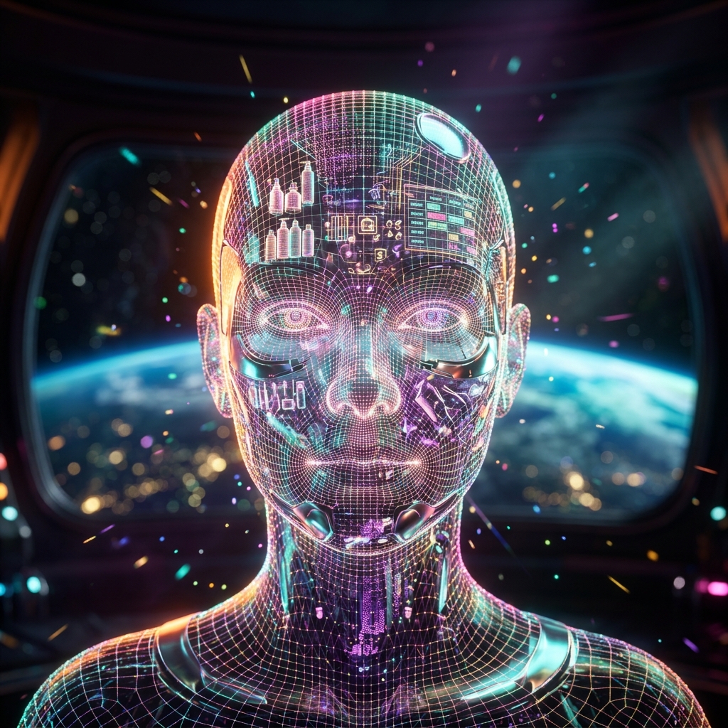 Salon & Spa Ops — CircuitBoard | Supply Chain Neural Board — Business Management category hero — wireframe holographic human head made of glowing data points, floating in the frame center in orbital space station observation deck with a planet glowing outside the panoramic window