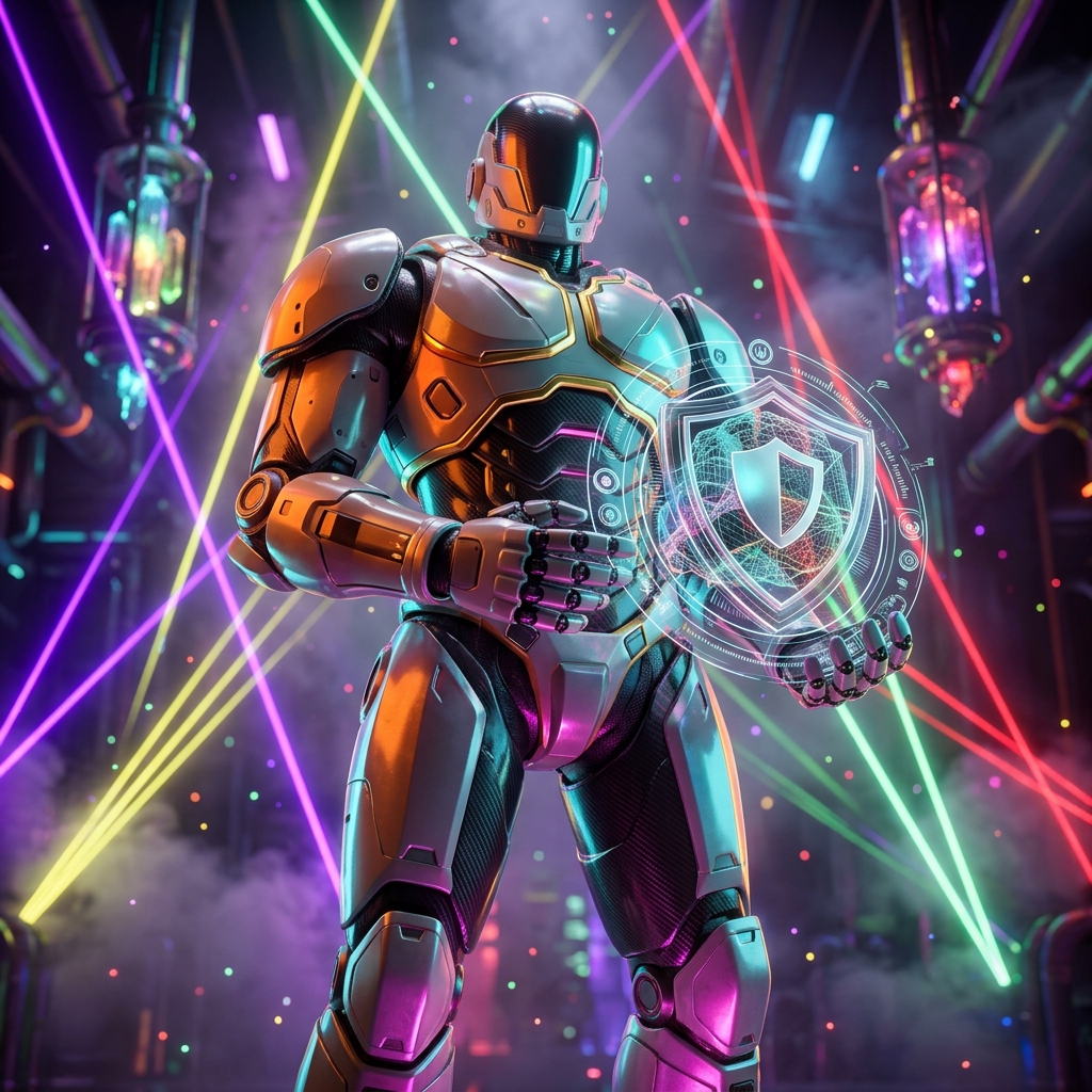 Scrutineye — Compliance Intelligence Ledger — 3D Modeling category hero — heavily armored guardian robot holding a symbolic emblem of the category with both hands in underground rave-like data cathedral with laser beams cutting through smoke