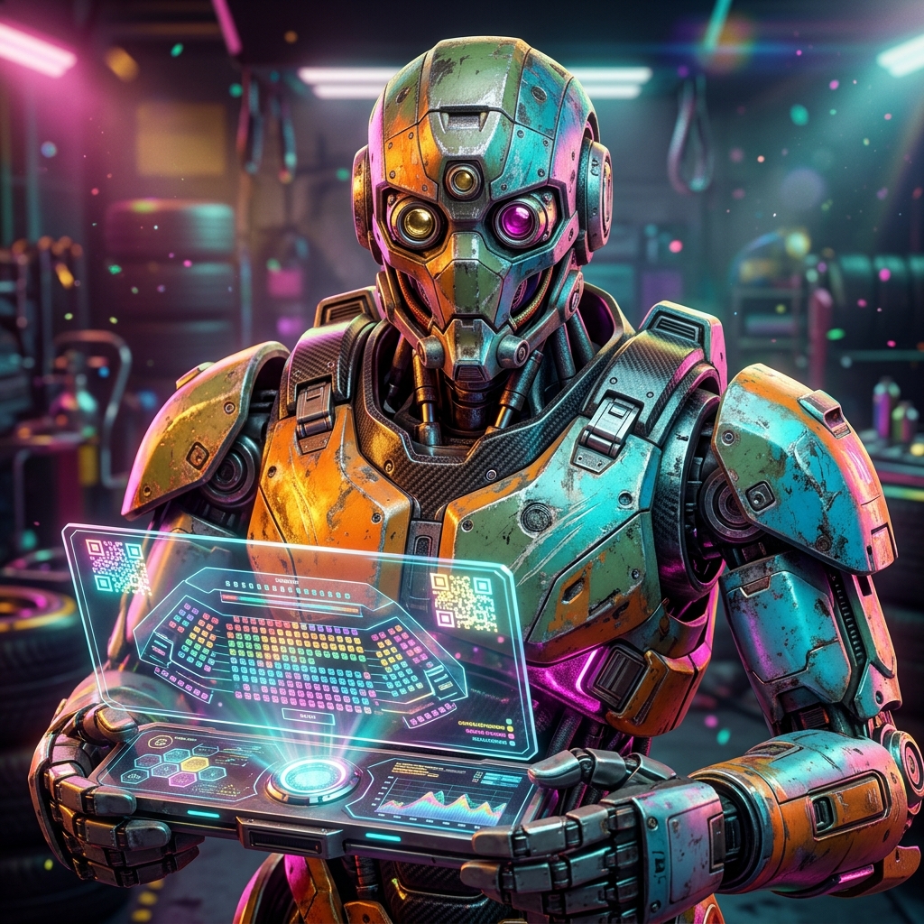SeatCraft Studio — Ticketing & Reservation Production Suite — Booking category hero — war-worn but heroic mech pilot robot with painted panels, weathered detail, cinematic hero lighting in Formula-1 style pit garage with saturated color lighting and mechanical detail