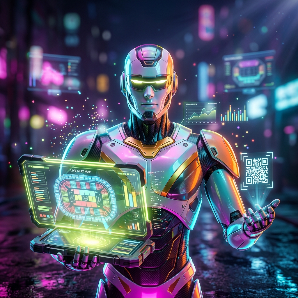 SeatForge Command — Venue & Event Operations Cockpit — Booking category hero — hyper-detailed humanoid robot with glossy plating and glowing visor eyes, striking a confident hero pose in the center of the frame in neon-lit cyberpunk street at night, wet pavement reflections, hovering holograms in the background