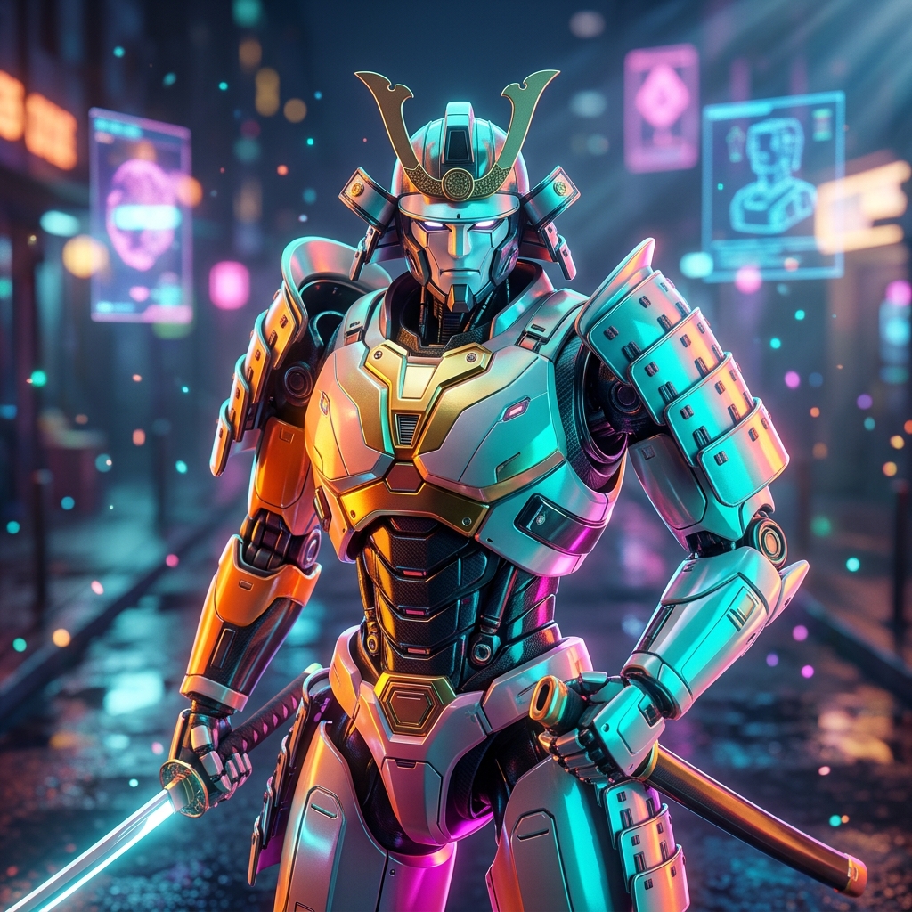 SeatForge — Ticketing & Reservation Reliability Console — Booking category hero — majestic samurai-styled mech in lacquered armor with neon under-glow, katana of light in hand in neon-lit cyberpunk street at night, wet pavement reflections, hovering holograms in the background