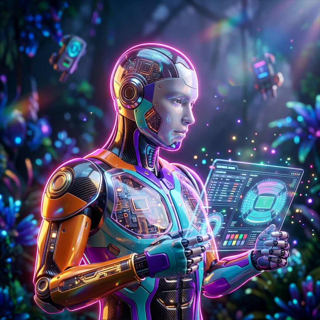 SeatGrid Dispatch — Field Operations for Ticketing & Reservation — Online Booking category hero — cinematic cyborg character seen in three-quarter profile, exposed circuitry glowing beneath translucent skin, intense neon rim light in alien jungle biome with glowing flora and floating tech artifacts