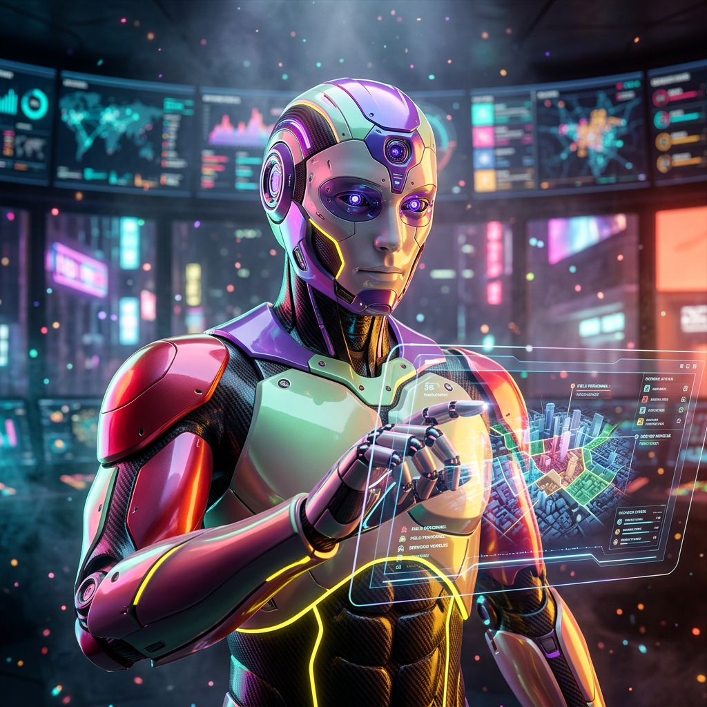 SeatGrid Dispatch — Field Operations for Ticketing & Reservation — Booking category hero — sleek sports-car-inspired bipedal android mid-motion, carbon-fiber musculature and glowing accent lines in neon-lit cyberpunk street at night, wet pavement reflections, hovering holograms in the background