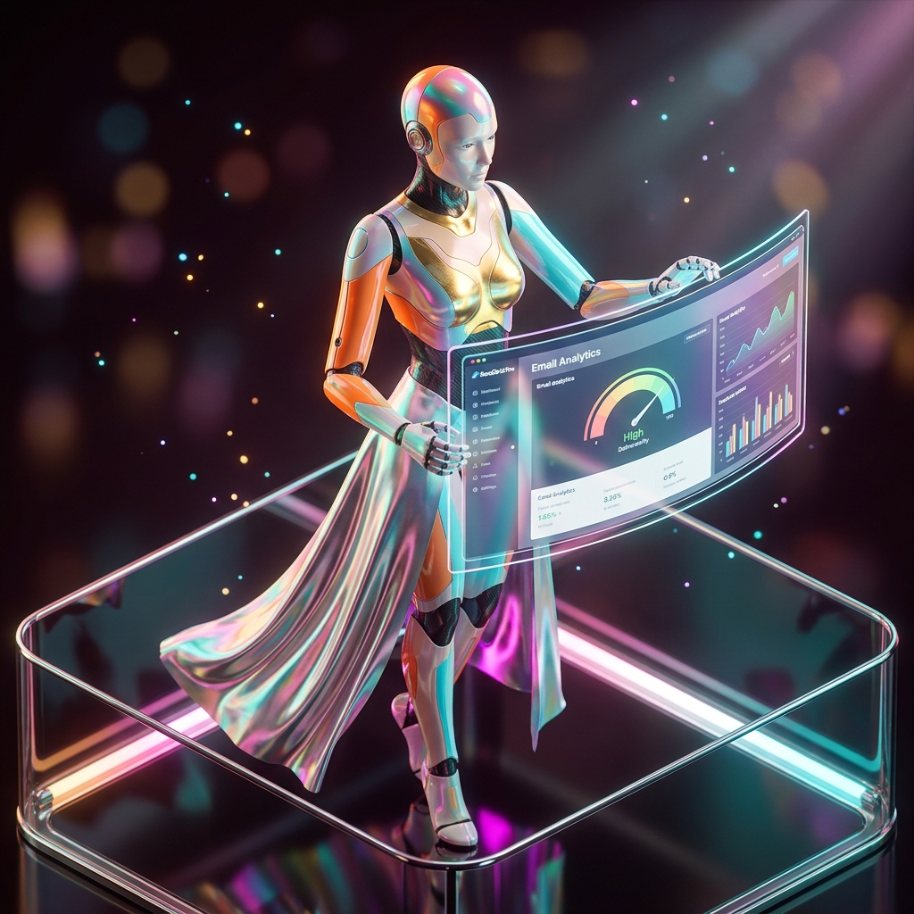 SendGrid Pro — Email Marketing category hero — elegant fashion-forward android in flowing reflective couture fabric, editorial pose in chrome-and-glass showroom with mirrored floor and rim-lit product staging