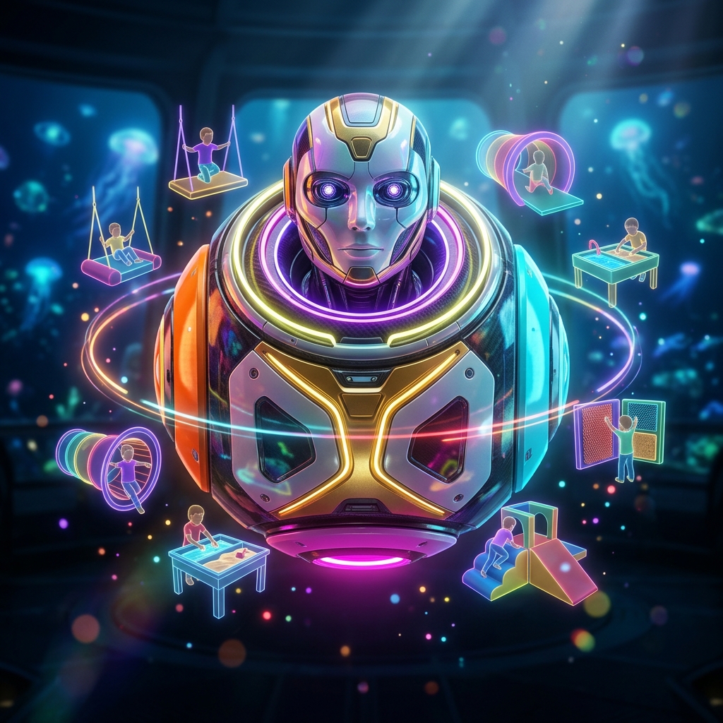 Sensory Integration Planner | Ayres' Clinical Console — Art category hero — floating spherical AI orb with concentric glowing rings and orbiting holographic icons around it in deep-sea research bay with bulkhead windows onto a bioluminescent ocean