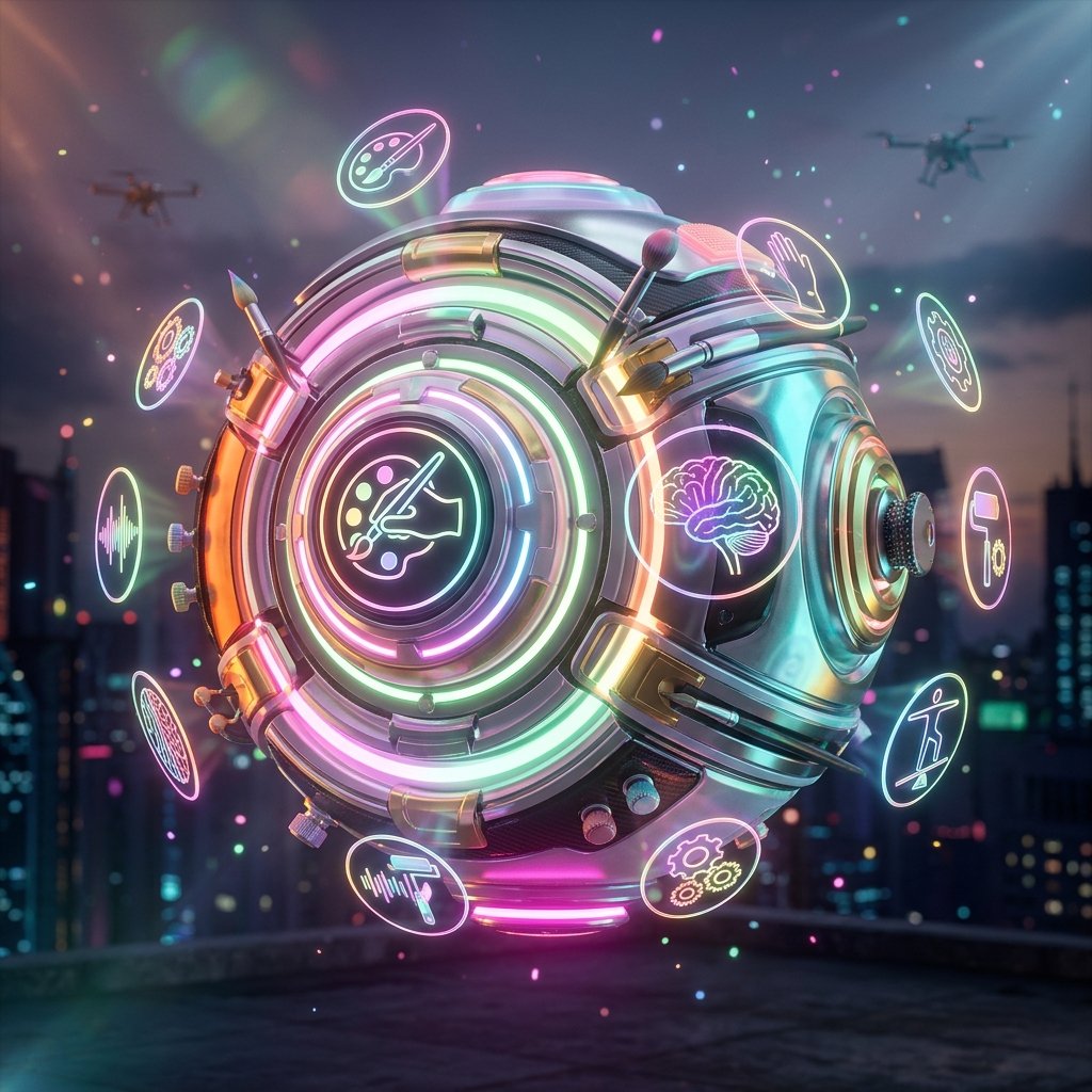 Sensory Integration Planner — OT Mission Cockpit — Art category hero — floating spherical AI orb with concentric glowing rings and orbiting holographic icons around it in rooftop overlooking a neon megacity skyline at dusk, drones flying in the distance