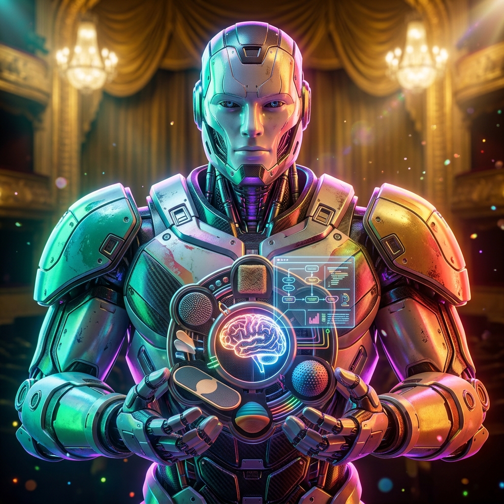 Sensory Integration Planner | OT Session Design System — Art category hero — heavily armored guardian robot holding a symbolic emblem of the category with both hands in golden-lit theater interior with heavy velvet curtains and cinematic chandeliers