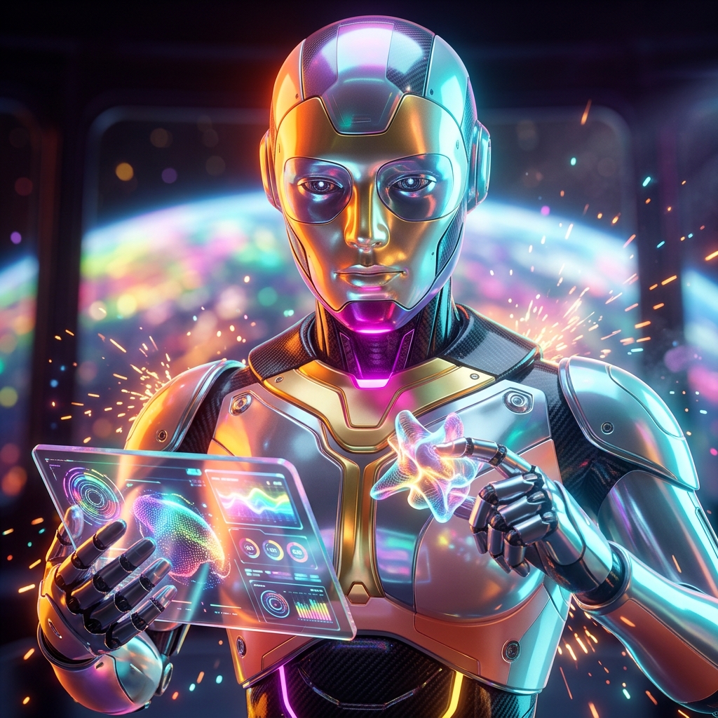 Sensory Integration Planner — SIPT pro console — Art category hero — chrome-plated bipedal android caught mid-motion, sparks and light particles trailing around it in orbital space station observation deck with a planet glowing outside the panoramic window