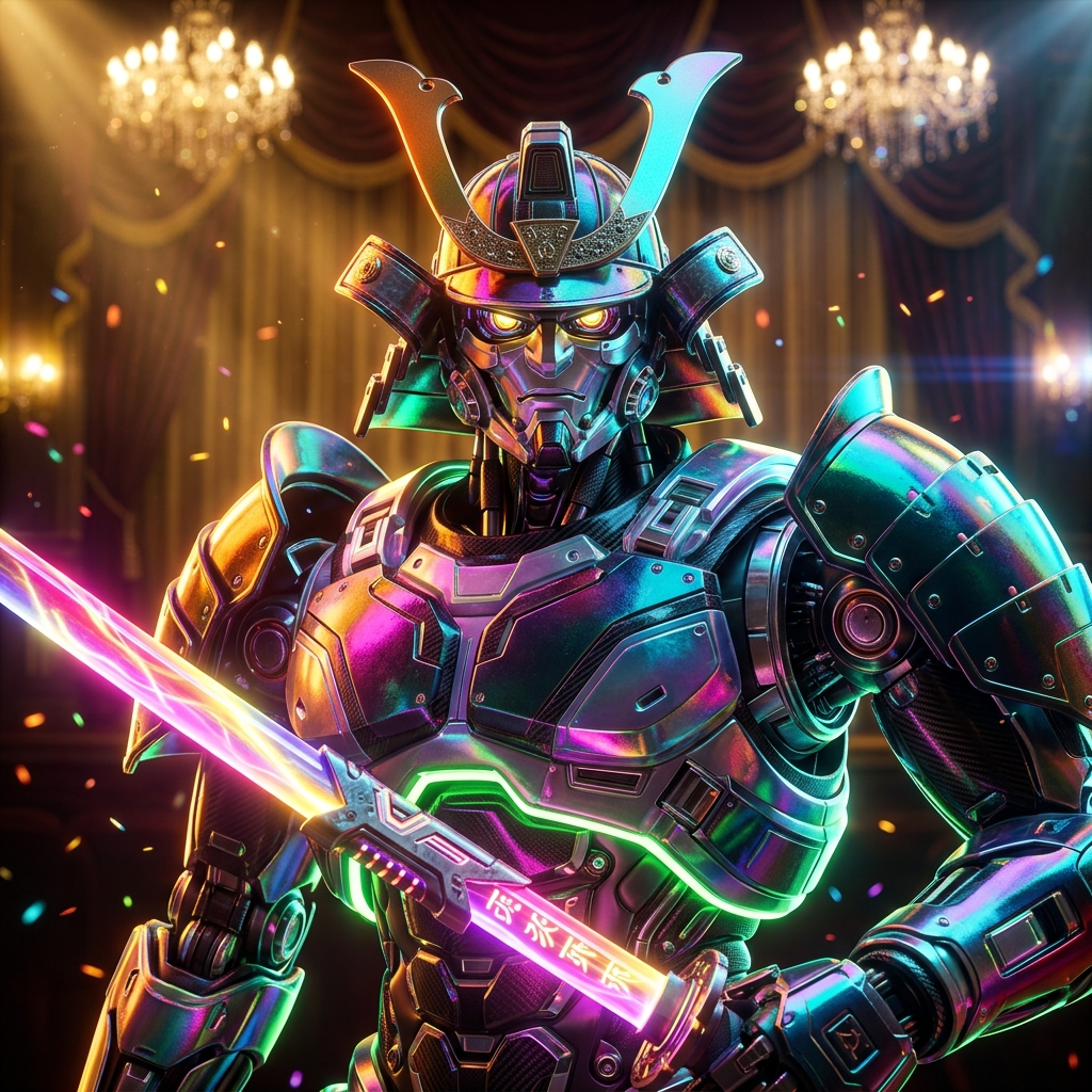 Sentinel Ledger — Risk & Incident Intelligence — Business Management category hero — majestic samurai-styled mech in lacquered armor with neon under-glow, katana of light in hand in golden-lit theater interior with heavy velvet curtains and cinematic chandeliers