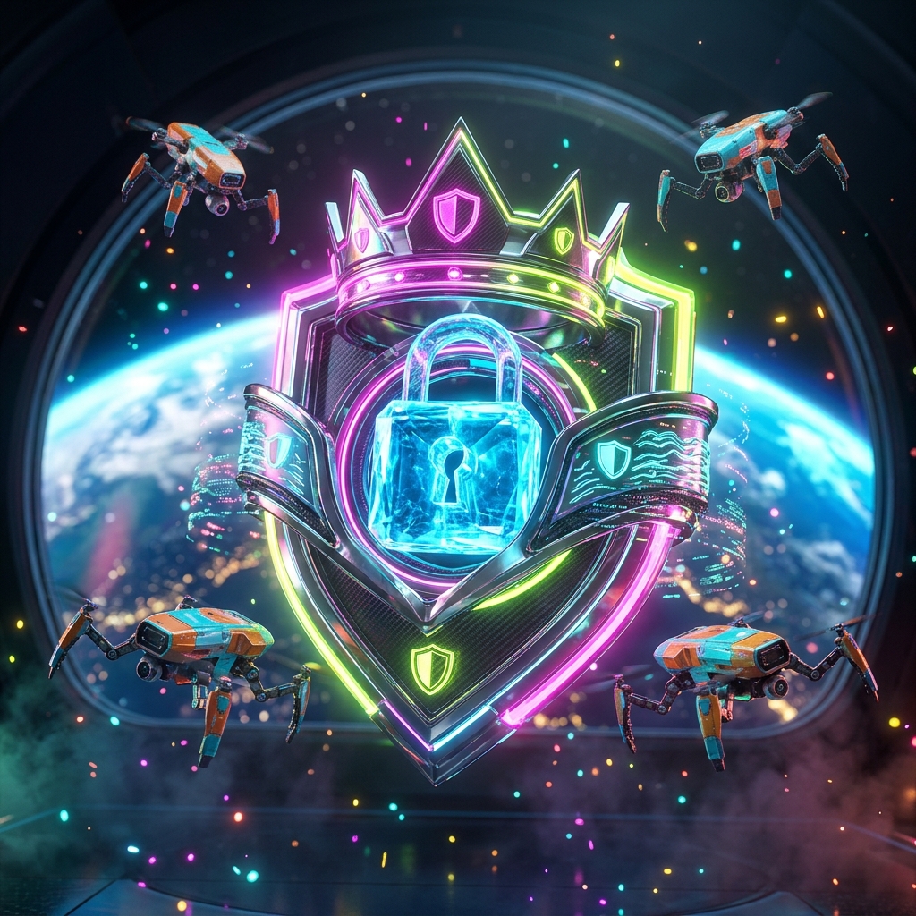 SentinelCore – Cybersecurity Financial Strategy Terminal — Antivirus & Cybersecurity category hero — glowing digital shield / padlock / crown / crystal object at the frame center, protected by hovering tech drones in orbital space station observation deck with a planet glowing outside the panoramic window