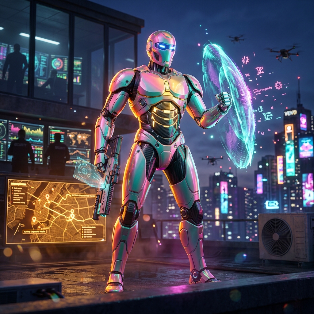 SentinelGrid — Cybersecurity Field Operations — Antivirus & Cybersecurity category hero — hyper-detailed humanoid robot with glossy plating and glowing visor eyes, striking a confident hero pose in the center of the frame in rooftop overlooking a neon megacity skyline at dusk, drones flying in the distance