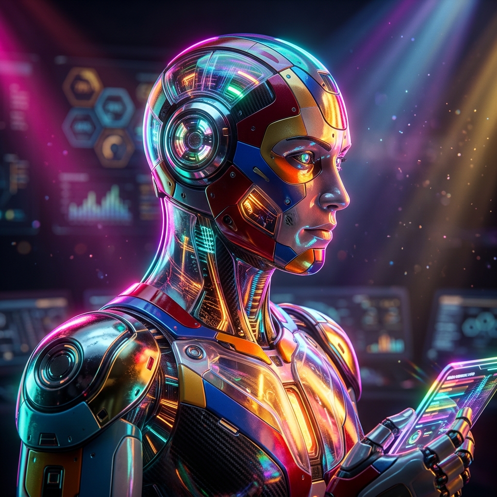 SentinelGrid | Engineering Reliability Console — Health category hero — cinematic cyborg character seen in three-quarter profile, exposed circuitry glowing beneath translucent skin, intense neon rim light in dark cinematic stage with dramatic spotlights streaming down and a hazy atmospheric fog