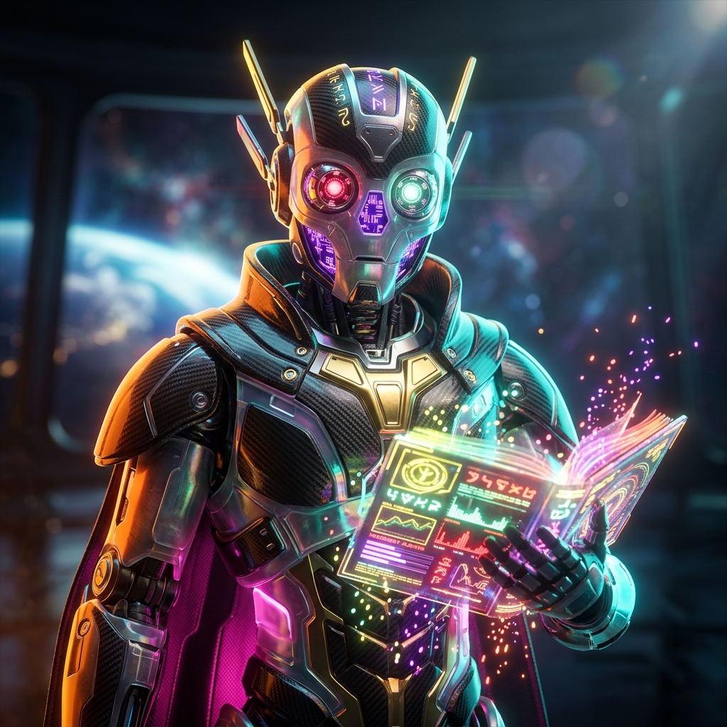 SentinelGrid — Reliability Command Console — Monitoring category hero — sci-fi wizard robot with a floating spellbook of holographic glyphs and light particles in orbital space station observation deck with a planet glowing outside the panoramic window