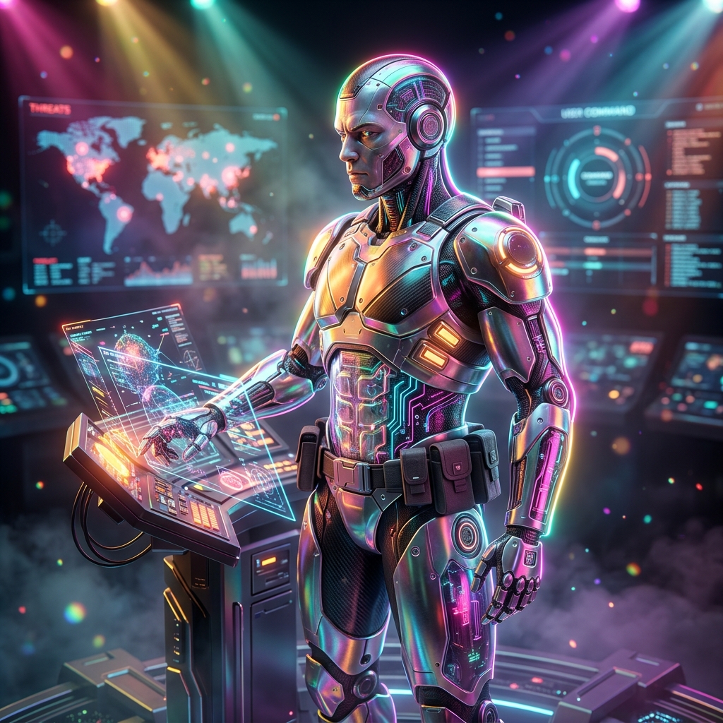 SentriForge — Cybersecurity Operations Cockpit — Antivirus & Cybersecurity category hero — cinematic cyborg character seen in three-quarter profile, exposed circuitry glowing beneath translucent skin, intense neon rim light in dark cinematic stage with dramatic spotlights streaming down and a hazy atmospheric fog
