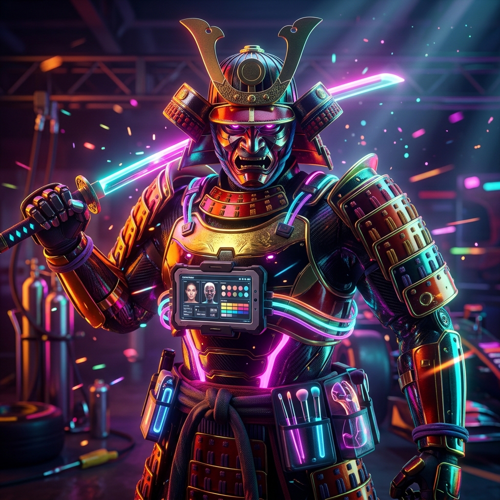 SetMakeup Continuity · Film & TV Makeup Studio — Art category hero — majestic samurai-styled mech in lacquered armor with neon under-glow, katana of light in hand in Formula-1 style pit garage with saturated color lighting and mechanical detail