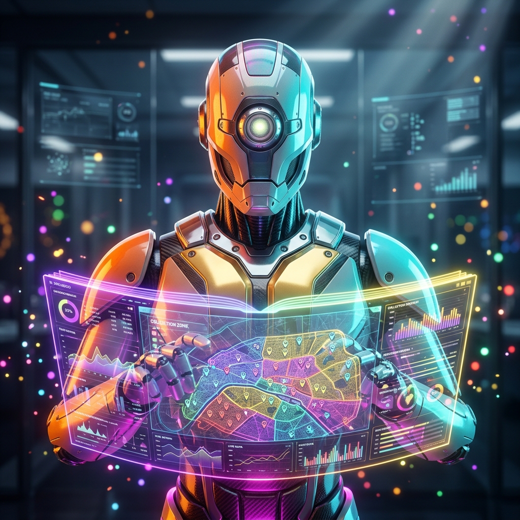 SettleGrid — Field Collection Operations Command — Business Management category hero — sci-fi wizard robot with a floating spellbook of holographic glyphs and light particles in sleek high-tech laboratory with glass walls, floating data panels and particle light