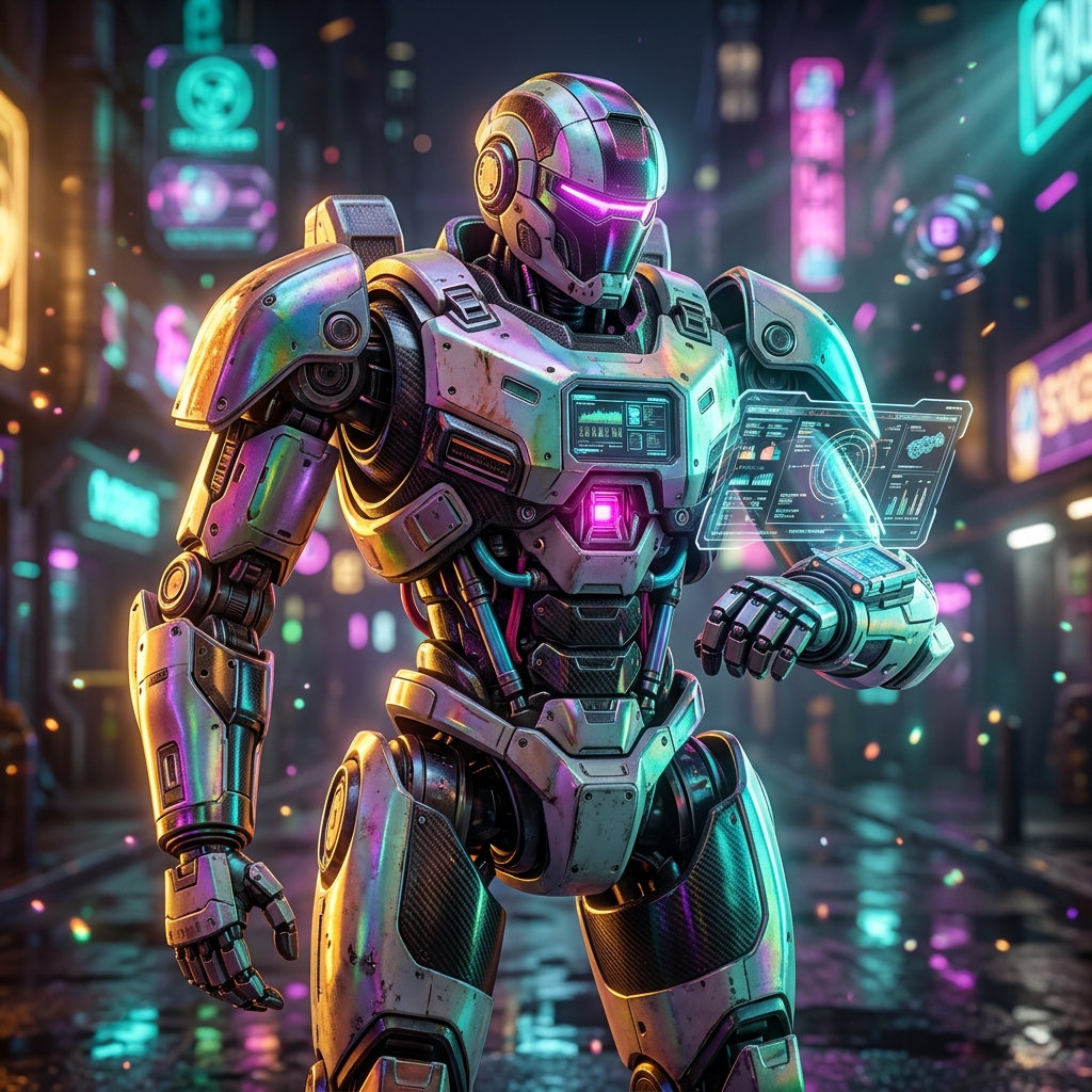 ShiftGrid · Engineering Reliability Console — Engineering category hero — war-worn but heroic mech pilot robot with painted panels, weathered detail, cinematic hero lighting in neon-lit cyberpunk street at night, wet pavement reflections, hovering holograms in the background