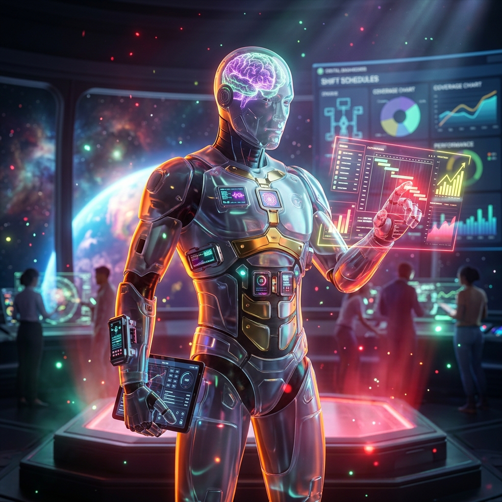 ShiftPilot Warroom — Shift Command & ROI Lab — Business Management category hero — translucent glass humanoid figure with a glowing neural-network brain visible inside its head in orbital space station observation deck with a planet glowing outside the panoramic window