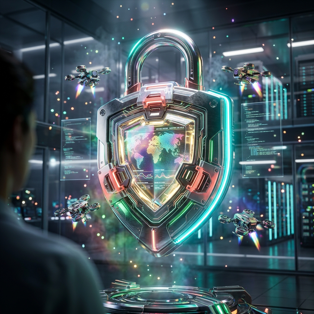 SignalDeck — CDN Mission Control — CDN category hero — glowing digital shield / padlock / crown / crystal object at the frame center, protected by hovering tech drones in sleek high-tech laboratory with glass walls, floating data panels and particle light