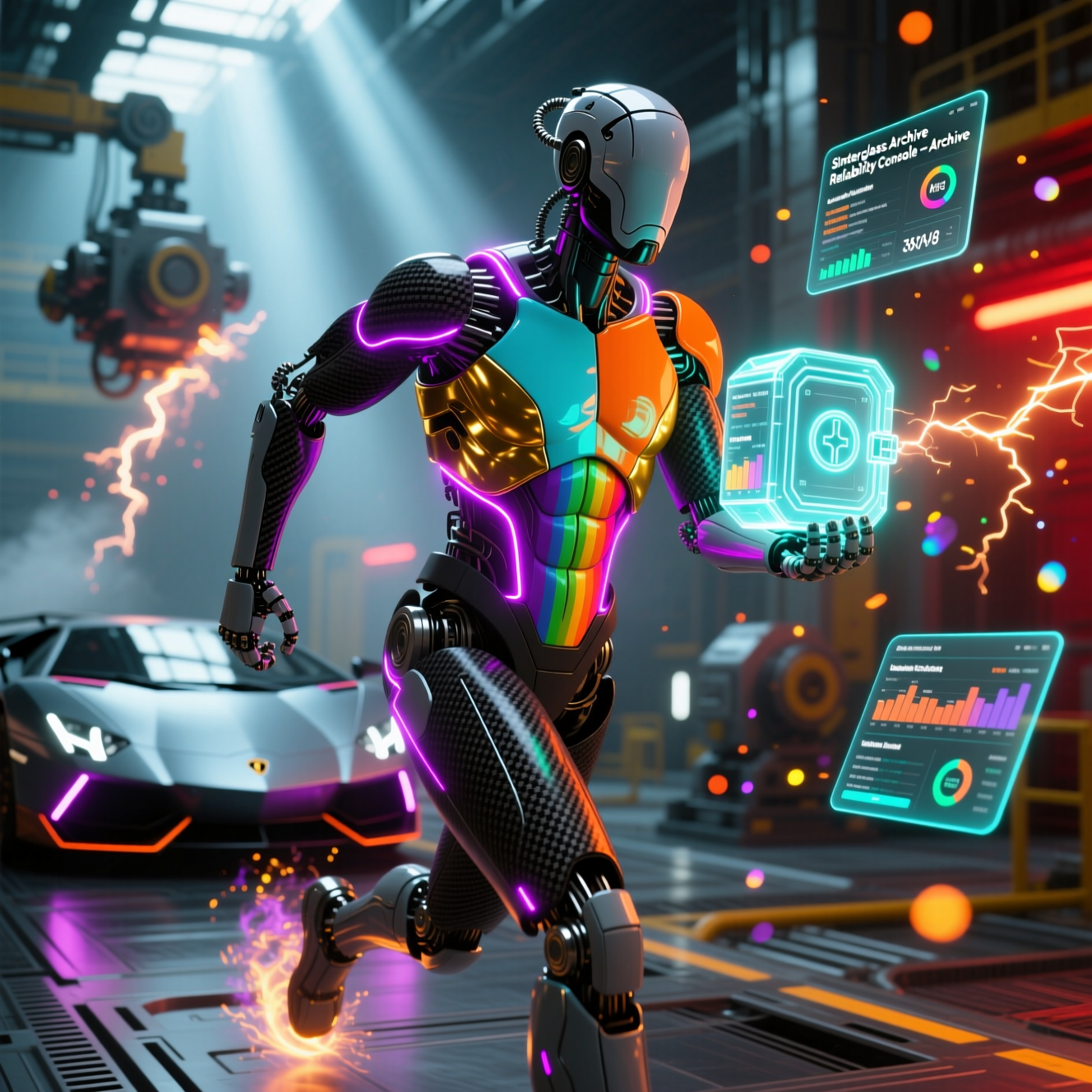 Sinterglass Archive Reliability Console — Archive category hero — sleek sports-car-inspired bipedal android mid-motion, carbon-fiber musculature and glowing accent lines in magnetic-levitation factory floor with sparking arcs of electricity and machinery