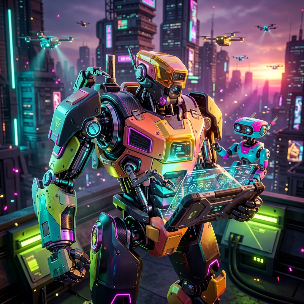 SiteCore Command — Construction Project Management — Project Management category hero — duo of contrasting robots — one large hero mech and a small companion droid — composed cinematically in rooftop overlooking a neon megacity skyline at dusk, drones flying in the distance