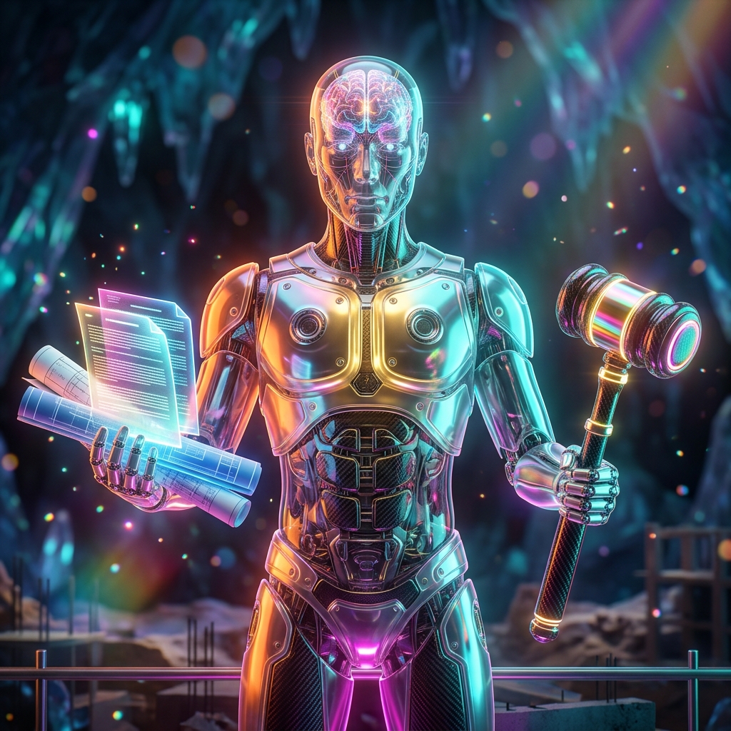 Sitemark — Construction Legal Matter Atlas — Project Management category hero — translucent glass humanoid figure with a glowing neural-network brain visible inside its head in crystalline ice cavern lit by bioluminescent tech installations