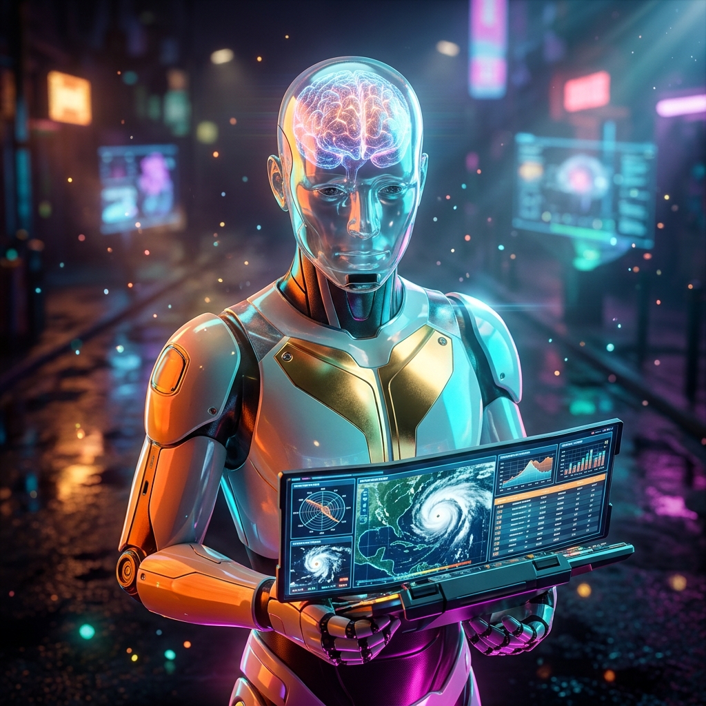 Skyline Dispatch | Field Operations Grid — Weather category hero — translucent glass humanoid figure with a glowing neural-network brain visible inside its head in neon-lit cyberpunk street at night, wet pavement reflections, hovering holograms in the background