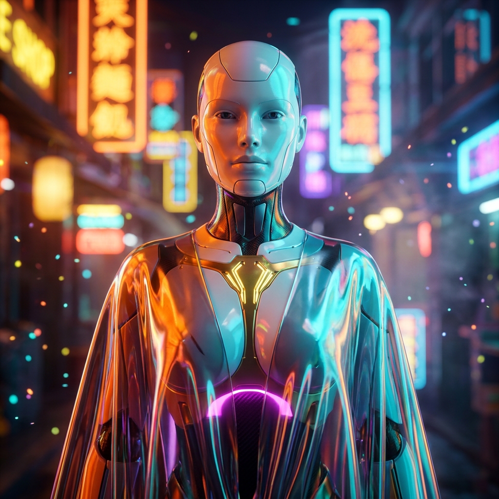 Skyrail Ops — Reliability Console for Remote Teams — Collaboration category hero — elegant fashion-forward android in flowing reflective couture fabric, editorial pose in Blade-Runner-style noodle-shop alley with dense neon signage in the background
