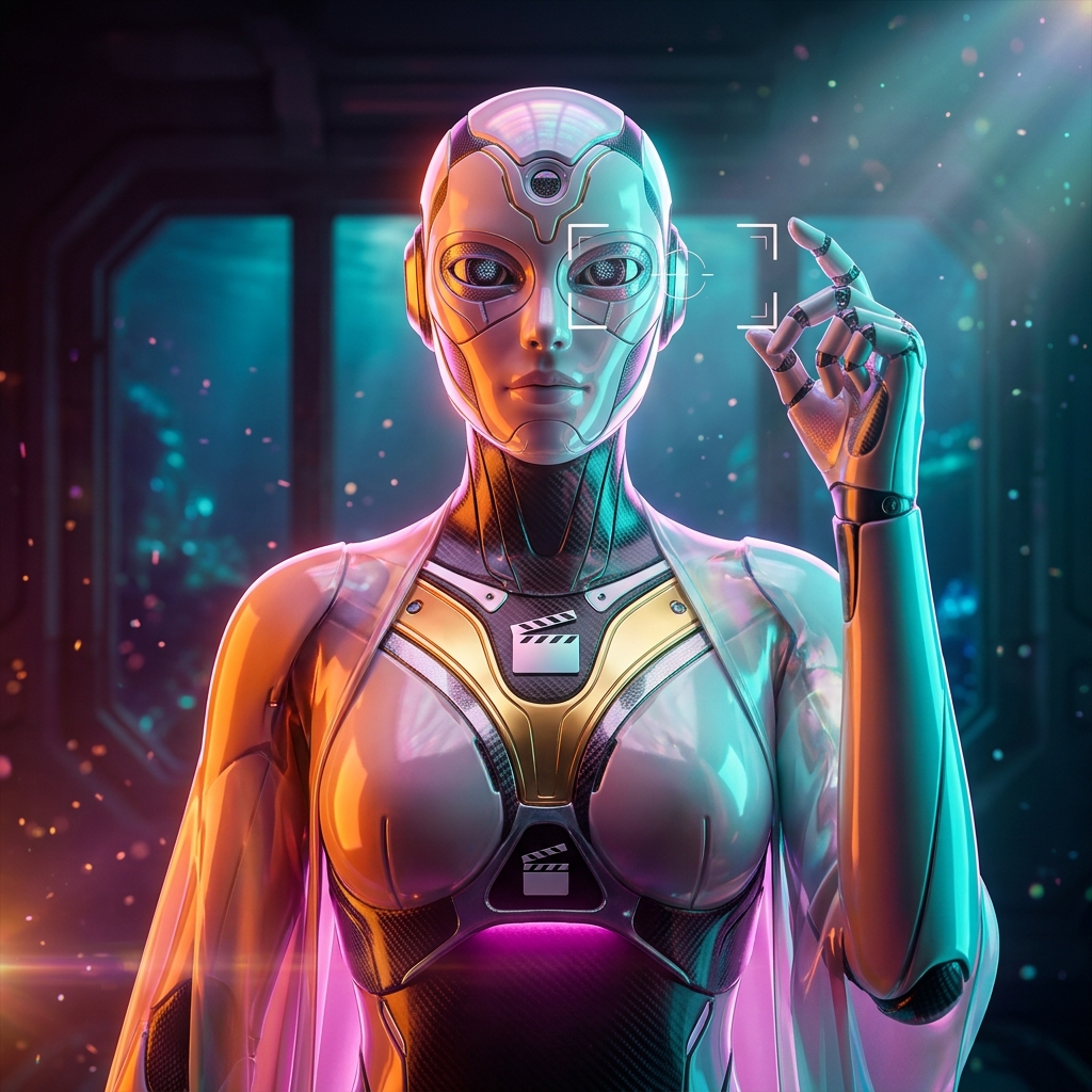 SlateForge — Director’s Field Operations Command — Productivity & Productivity Suites category hero — elegant fashion-forward android in flowing reflective couture fabric, editorial pose in deep-sea research bay with bulkhead windows onto a bioluminescent ocean