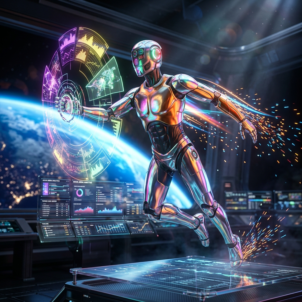 Social Sentry — Clinical Command for Social Media Operations — Social Media category hero — chrome-plated bipedal android caught mid-motion, sparks and light particles trailing around it in orbital space station observation deck with a planet glowing outside the panoramic window
