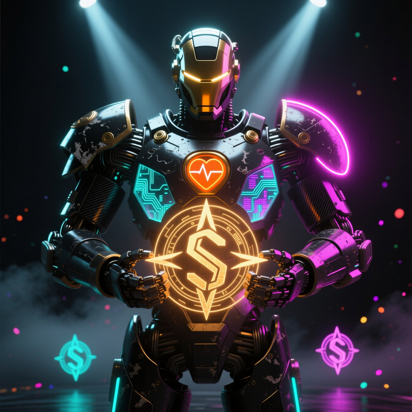 Solsticeframe Studio | Production Suite — Business category hero — heavily armored guardian robot holding a symbolic emblem of the category with both hands in dark cinematic stage with dramatic spotlights streaming down and a hazy atmospheric fog