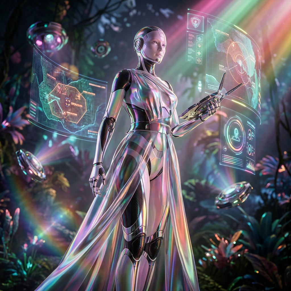 SpatialGrid Ops — AR/VR Field Operations Dispatch — AR/VR category hero — elegant fashion-forward android in flowing reflective couture fabric, editorial pose in alien jungle biome with glowing flora and floating tech artifacts