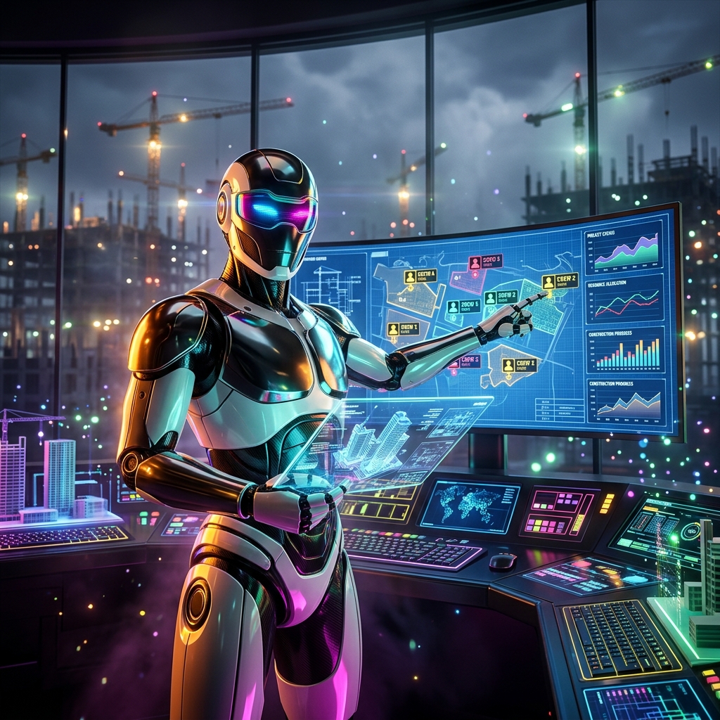 SpecGrid | Architectural Field Operations Command — Architectural Design category hero — hyper-detailed humanoid robot with glossy plating and glowing visor eyes, striking a confident hero pose in the center of the frame in neon-lit cyberpunk street at night, wet pavement reflections, hovering holograms in the background